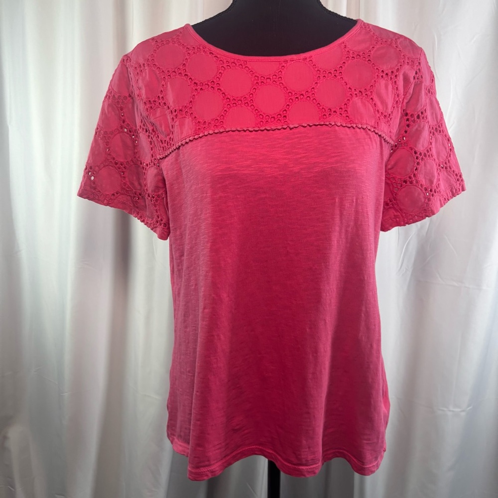 Talbots Bright Pink Eyelet Yoke Short Sleeve Tee
